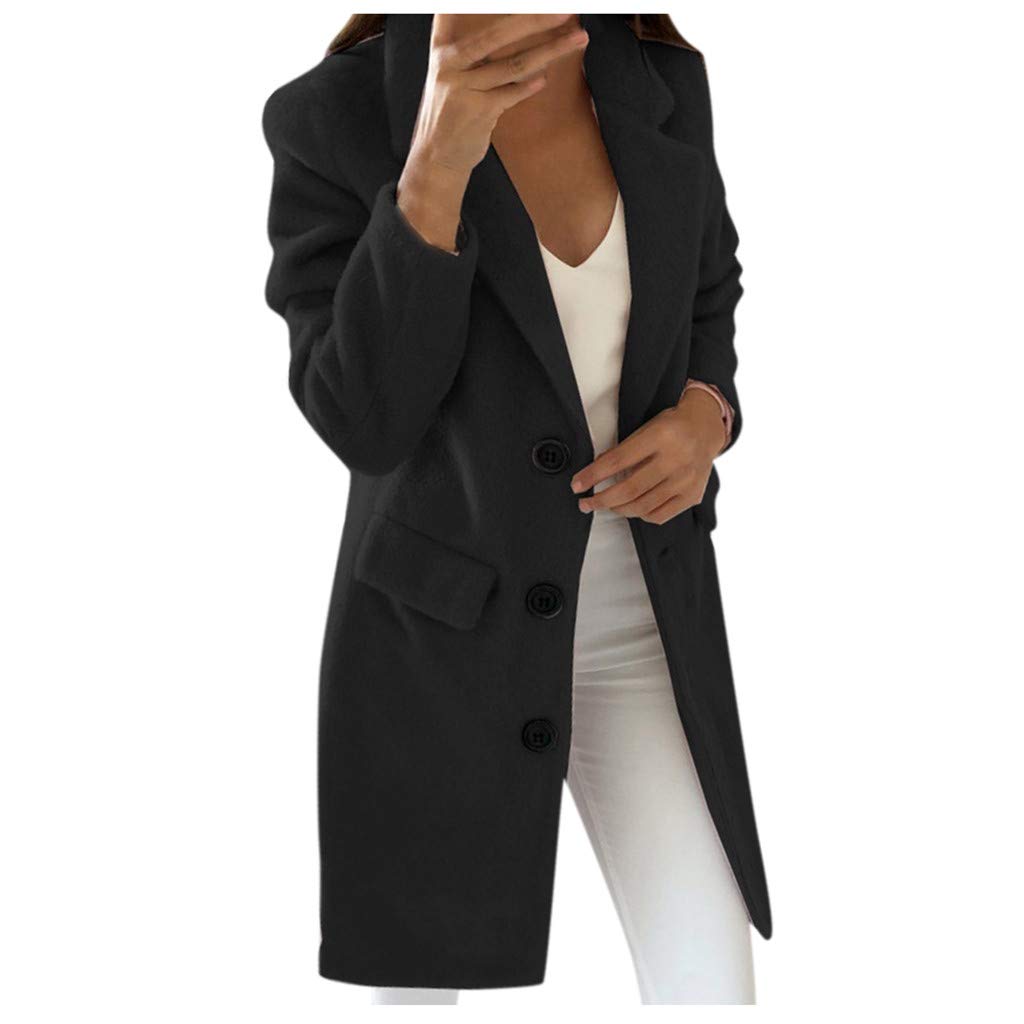 Women Winter Wool Coat Elegant Button Windbreaker Long Trench Classic Parka Ladies Spring Warm Jacket Long Sleeve Cardigan Top Outerwear Overcoat Plus Size Black
