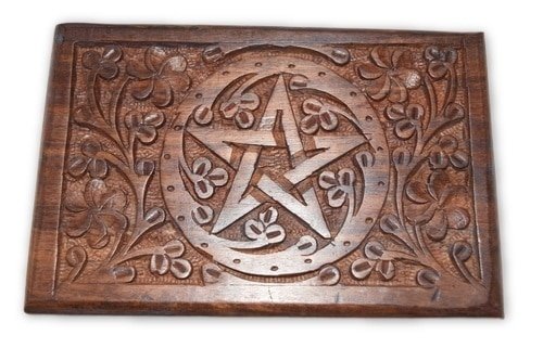 Nature's Enlightenment Pentacle Carved Wooden Box #2- Tarot Cards, Crystals, Altar Supplies,