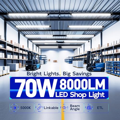 Image of hykolity 4FT 70W LED Shop Light Linkable, 8000lm(300w Equivalent), 5000K Utility Shop Lights for Garages, Workshops, Basements, Hanging or FlushMount, with Power Cord and Pull Chain, ETL, Black,2 Pack