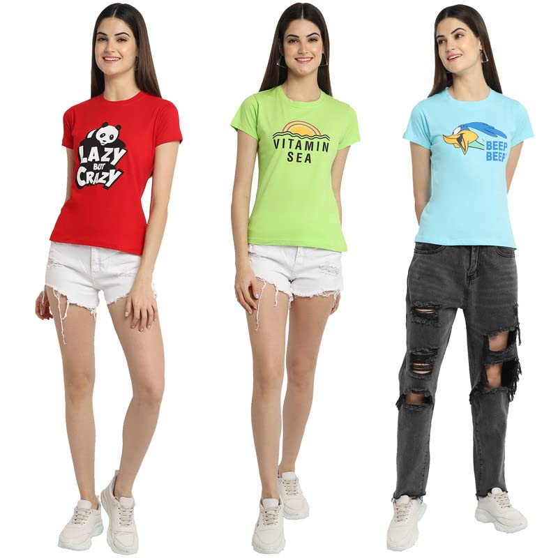 Preneum Pure Cotton Printed Casual Women Tshirt Pack of 3