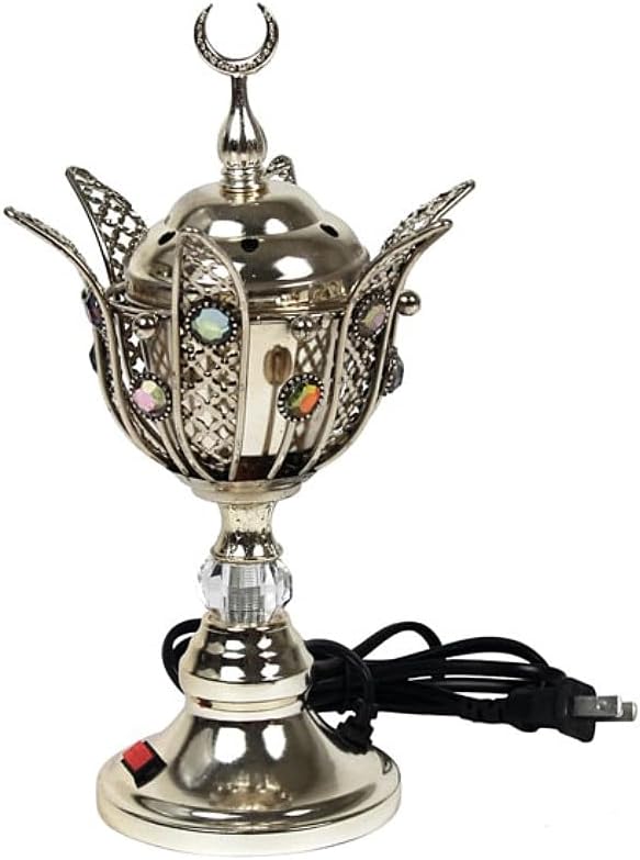 Quemador de incienso de metal eléctrico iraní persa árabe musulmán islámico árabe turco eléctrico de metal para carbón de resina de incienso plateado
