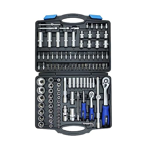 VTOOLS 111 PC 1/2 & 1/4 Master Drive CRV Impact Socket Set in Portable Case Includes Extension Bars Universal Joint Deep Socket Sliding Bar and Socket Bits VT5103