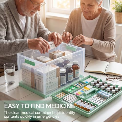 Image of Hushee 24QT Clear Medicine Storage Box for First Aid Supplies,Green | Removable Tray and Handle Design for Home, Travel and Emergency Supply Organization