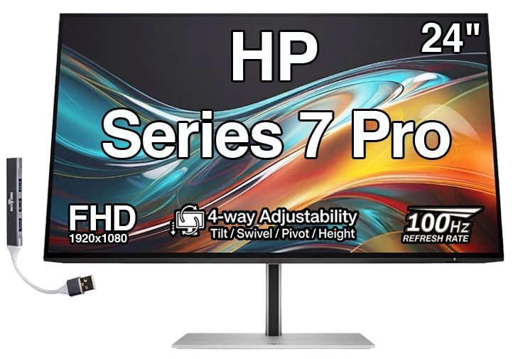 Image of HP Series 7 Pro 24 inch FHD IPS Monitor, 4-Way Adjustable, VESA, DP, HDMI | Anti-Glare, Flicker Free, 100mm VESA, DisplayPort, HDMI, 1 Pack w /Dockztorm USB Port Expander