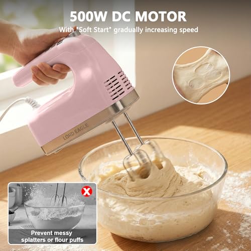 Image of Lord Eagle 9-Speed Digital Hand Mixer Electric Handheld, 500W DC Motor Kitchen Mixer for Cake Baking, Lightweight Egg Beaters with Stain-resistant & Waterproof Storage Bag & 6 Accessories, Pink