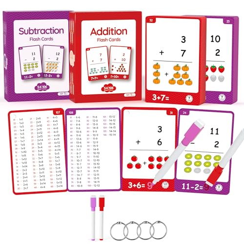 110Cards, 212 Pictures Math Flash Cards for Kindergarten,1ST, 2ND, 3RD Grade, Add Sub Addition Subtraction Flash Cards for Kids Ages 6,7,8,9,10 Years