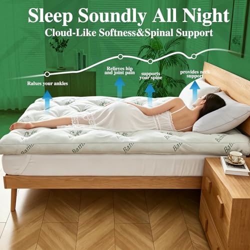 Image of WhatsBedding 4 Inch Memory Foam Mattress Topper Full for Back Pain Relief, Filled with Breathable Gel Memory Foam, Cooling Bamboo Viscose Air Layer, Supportive Pillow Top Mattress Topper