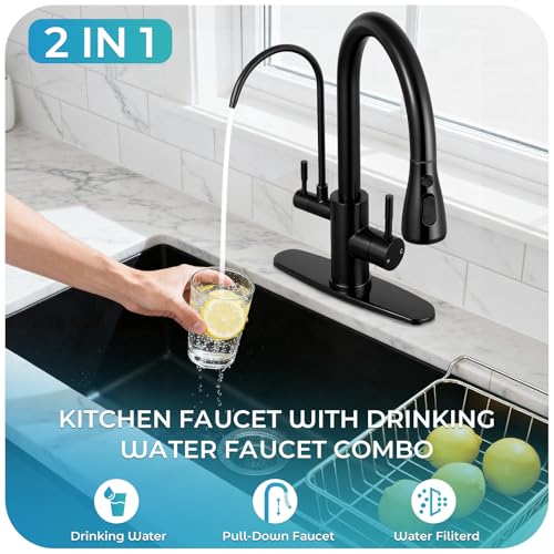 Image of Kitchen Faucets with Water Filter - Matte Black 2 in 1 2-Handle Kitchen Faucet with Pull Down Sprayer, High Arc Stainless Steel Pull Out Kitchen Sink Faucet with Deck for 1 or 3 Hole