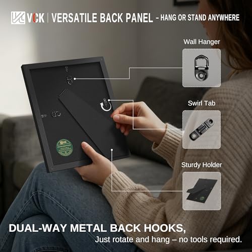 Image of VCK 8.5x11 Picture Frames - Black High-End Wood Wide Border Poster Frame, Multi-Directional Display Family Photos, Office Prints, Studio /Gallery /Home Artwork, Tabletop & Wall Hanging, 3 Pack