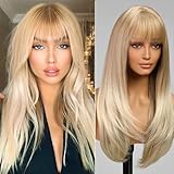 KOME Blonde Highlight Long Layered Wig with Bangs,Straight Hair Wigs for Women,Synthetic Heat Resistant Natural Looking Hair Wig for Party Cosplay Dality Use…