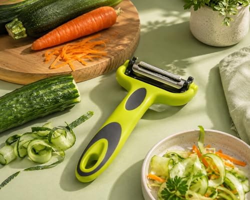 Image of Aromix 3-in-1 Stainless Steel Vegetable & Fruit Peeler | Straight, Serrated, and Julienne Blades | Sharp Multipurpose Peeler for Kitchen, Salad, Garnishing & Professional Use