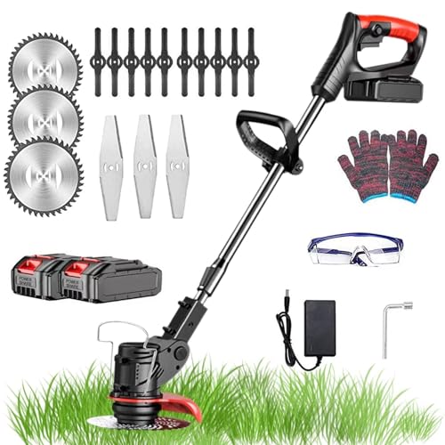 24V Cordless Strimmer,Telescopic Lightweight Grass Trimmer with 6xMetal Blades & 10xPlastic Blades, 2 x 1500MAH Battery, Electric Garden Strimmer Grass Cutter for Lawn Edger Pruning Weed（Black）