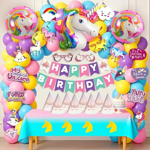Image of Party Propz Unicorn Theme Birthday Decoration Kit For Girls -127 Pcs, Unicorn Balloons, Banner, Swirls, Caps & Photo Props, Pink Theme Decoration For Birthday Girls
