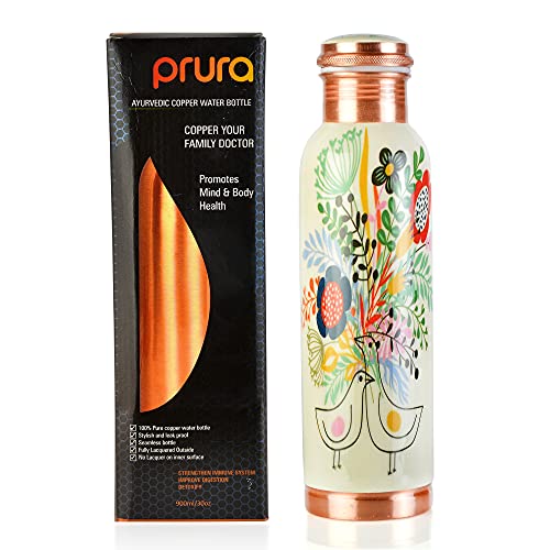 PRURA Pure Printed Copper Water Bottle - Leak Proof Ayurvedic Drinkware Copper Vessel for Sports, Gym, Outdoors, Yoga, Health Benefits (30 oz)
