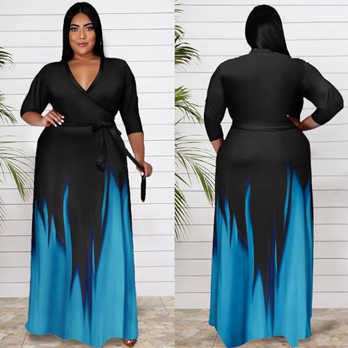 Image of Runwind Plus Size Dresses for Women Gradient Maxi Dress Flowy 3 /4 Sleeve with Belt