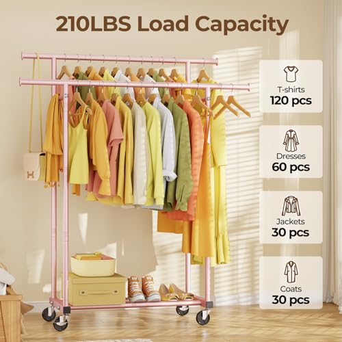 Double Rods Clothes Rack, Sturdy Rolling Clothing Rack, Portable Clothing Racks for Hanging Clothes - Metal Garment Rack Wardrobe Coat Rack for Bedroom Laundry Living Room, Pink