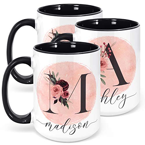 Set of 3, Personalized Mugs for Women w/Initial & Name - Printed On Both Sides - 15oz Black Custom Ceramic Cup, Bridesmaid Mug, Bridal Party, Shower Keepsake - Gift for Mom, Grandma
