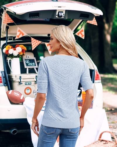 Image of Womens Puff Short Sleeve Sweater Summer Crew Neck Ribbed Knit Pullover Tops