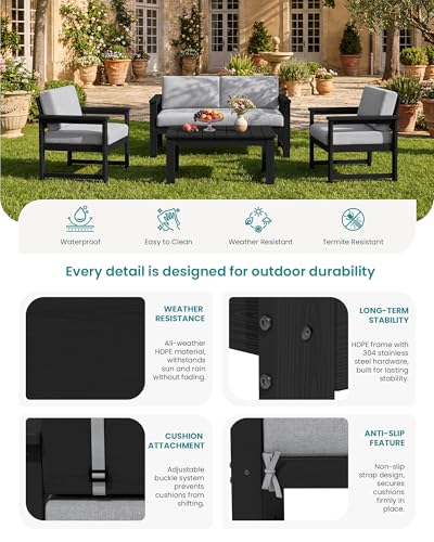 Image of SERWALL HDPE Outdoor Loveseat with Cushion, Outdoor Sectional Furniture Set | All Weather Use Patio Couch Sofa，Black Frame with Grey Cushions