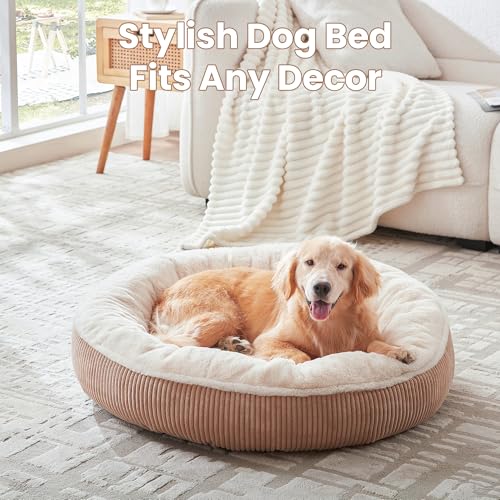 Image of 36 inches Donut Dog Bed for Large Dogs - Calming Round Pet Bed with Removable&Washable Cover, Plush Faux Fur & Corduroy, Fits Pets up to 80 lbs(Brown,Large)