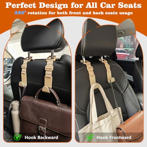 Image of Amooca Anti-drop Car Headrest Hooks 4 Pack Seat Organizer for Bags | Universal Fit Cars SUV Truck, Adjustable, Holds Backpack Water Bottle Handbags Groceries, 40lb Heavy Duty, Clip Design