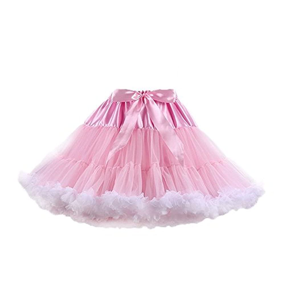 PhilaeEC Women's Elastic Waist Chiffon Petticoat Puffy Tutu Tulle Skirt Multi-Layer Cosplay Fluffy Skirt Underskirt, Length 40cm, Waist 55-95cm (Pink+White)