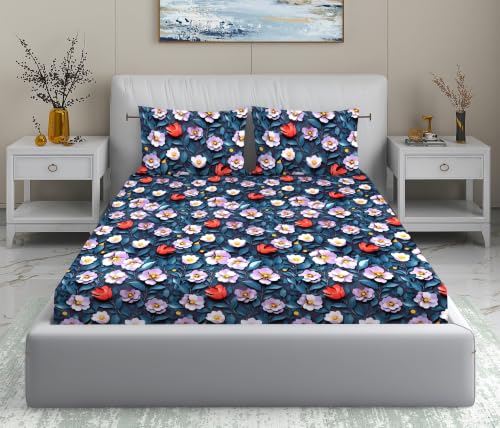Image of DECORUM 300TC Glace Cotton Elastic Fitted King Size Bedsheet (72''X78'') with 2 Pillow Covers | Soft & Comfortable Cotton Feel | Fits Upto 8'' Mattress | Navy-Blue Botanical Floral