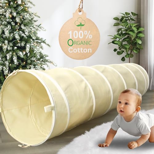 LIONHERZ® Spieltunnel für Kinder aus 100% Baumwolle mit Klettverschlüssen | Krabbeltunnel für Baby [180cm x 46cm] Faltbarer Pop-up Kriechtunnel | Krabbelrolle für Kinderzimmer, Spielzelt (Cremeweiß)