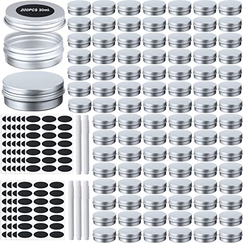 Zubebe 200 Pack Metal Tins with Lids Bulk Screw Top Aluminum Tin Containers Round Tin Cans for Cosmetic Lip Balm DIY Salves Candles Wax with 5 Markers 10 Sheets Label Stickers (Silver 1 oz)
