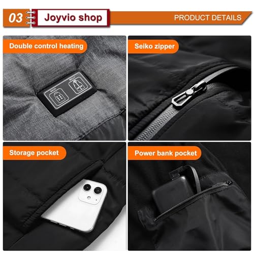 joyvio Beheizte Weste für Männer und Frauen, USB-Aufladung, elektrische Körperwärmer, beheizte Jacke, eng anliegender Mantel mit 9 Heizzonen für Arbeitskleidung im Freien, grau, 5X-Large