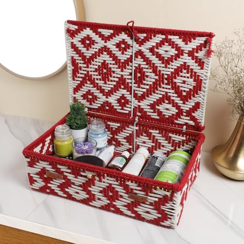 Image of Kaahira Handmade Decorative Storage Box and Organiser | Macrame Gift Hamper Box for Cosmetics, Toiletries & Return Gifts | Aesthetic Rope Woven Organizer (Red and White, Large - 14x10x4 inches)