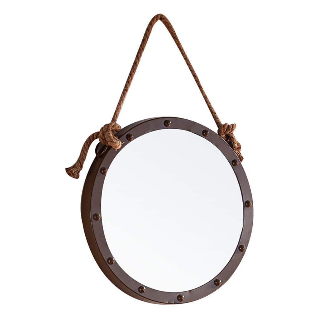 TYUHDUYUR Mirrors Wall Round Mirror with Adjustable Hanging Hemp Rope Metal Framed|Bathroom Wall-Mounted Vanity Mirrors Make-up Cosmetic Vintage Wall Hanging Mirror (Brown Diameter 50cm)