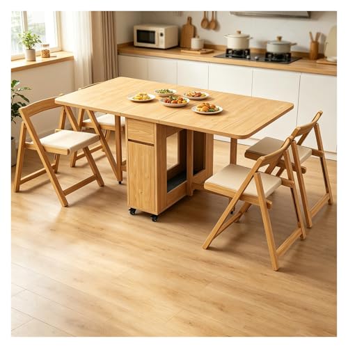 Genérico Mesas Plegables Portatiles Extensible,Mesa De Alas Abatibles De Madera con Cajones De Almacenamiento + 4 Sillas,para Pisos Pequeños Y Estudios(Natural)