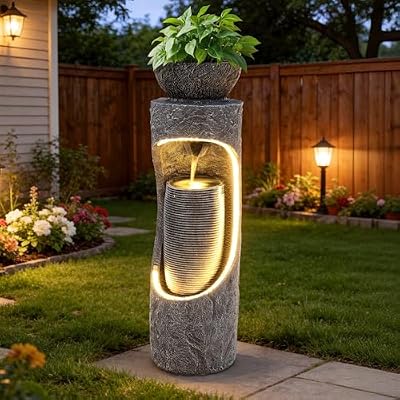 Ultym 40" Tall Outdoor Water Fountain, Dual-Layer Column Garden Fountain with Bird Feeder, Resin Soothing Cascading Waterfall Foutain for Patio, Backyard, Garden or Porch Decor