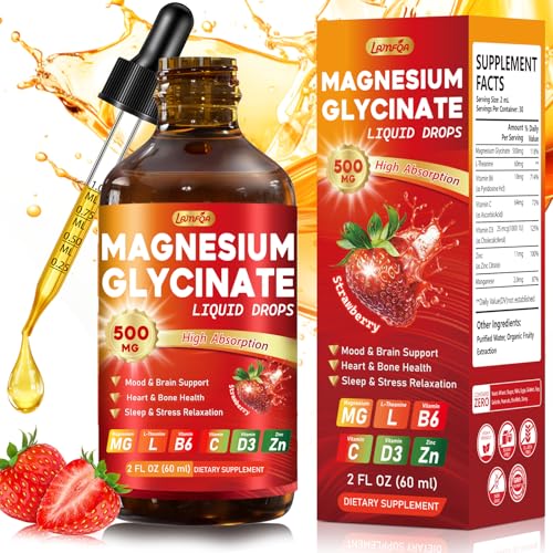 Magnesium Glycinate Liquid Drops 500mg – High Absorption with Vitamin B6, D3, C, Zinc – Supports...