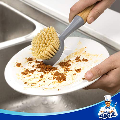 Foto von MR.SIGA Geschirrbürste mit Schaber, mit Bambusgriff, Schrubbbürste, Spülbürste, TopfSpülbürste für Pfannen, Töpfe, Spülbecken zur Reinigung, 2er-Pack