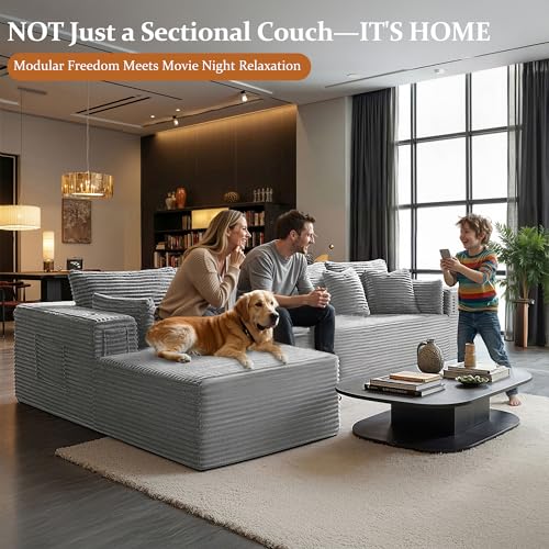 Image of 138 inch Oversized Cloud Sectional Couch, Comfort L Shaped Boneless Couch for Living Room, Extra Deep Seats No Assembly, Minimalist Modular Sofa, Corduroy (Light Grey, 3 seater+Right Facing Chaise)