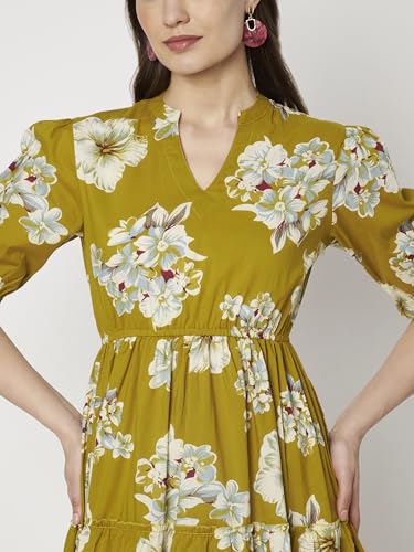 Image of PIDAVLIYA'S Women's Floral Summer Maxi Dress I Cotton Printed I One Piece Bodycon Midi Dress with V-Neck, Puffed Sleeves