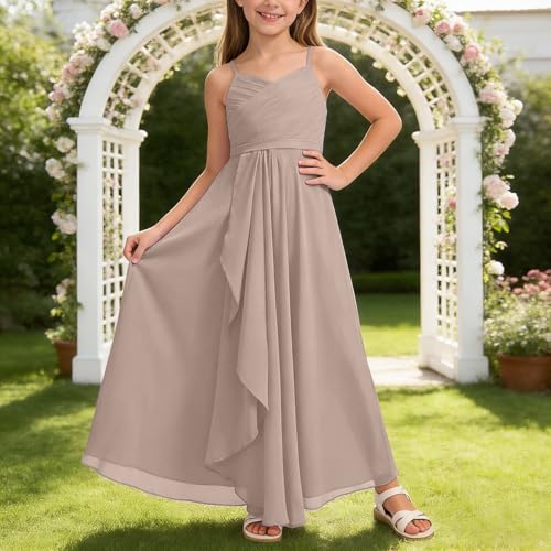 Vestido largo de dama de honor para niña de gasa plisada ceremonial 3