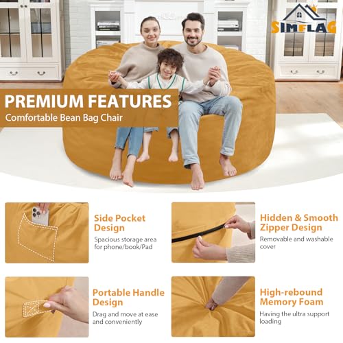 5FT Bean Bag Chair, Large Bean Bag Chairs with Memory Foam Filled, Fluffy Beanbag Sofa with Dutch Velvet Cover, Round BeanBag Chairs for Living Room, Playroom - Mustard