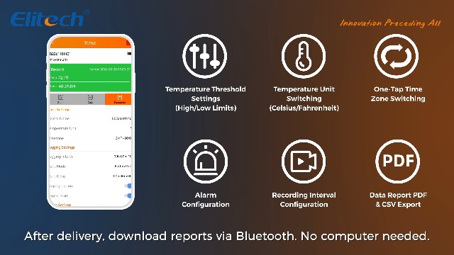 Image of Elitech Bluetooth Temperature Data Logger FDA Standards, with External Probe Shadow Data 32000 Points, Auto PDF /CSV Report, for Windows /MacOS, Refrigerator Thermometer LogEt5B-TE, Blue