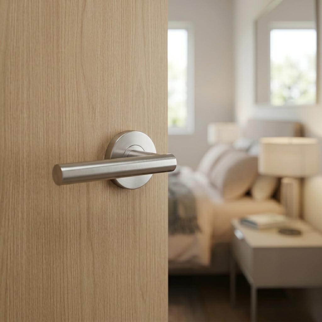INOX RA 106 Interior Door Handle Privacy Set, Copenhagen Lever Door Handle with Round Rosette, 2-3/8 Inch Tubular Latch Backset, Satin Stainless Steel Finish RA106L462-32D