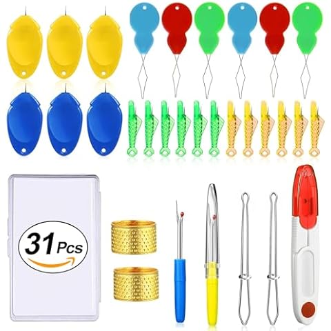 31 Pcs Needle Threaders for Hand Sewing, Fits All Needle Sizes,Include Gourd Shaped Sewing Needle Threader/Fish Type Easy Threader/Thumb Shaped Threaders/Seam Rippers/SewingTweezers/Scissor/Thimble Cover