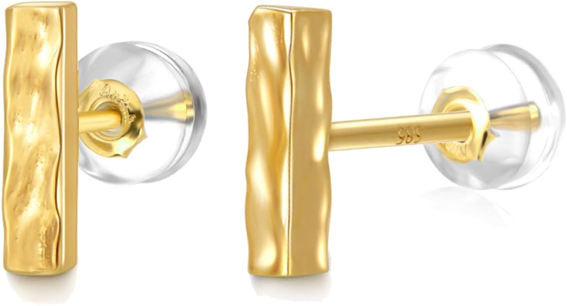 SISGEM 14K Gold Hammered Bar Stud Earrings for Women