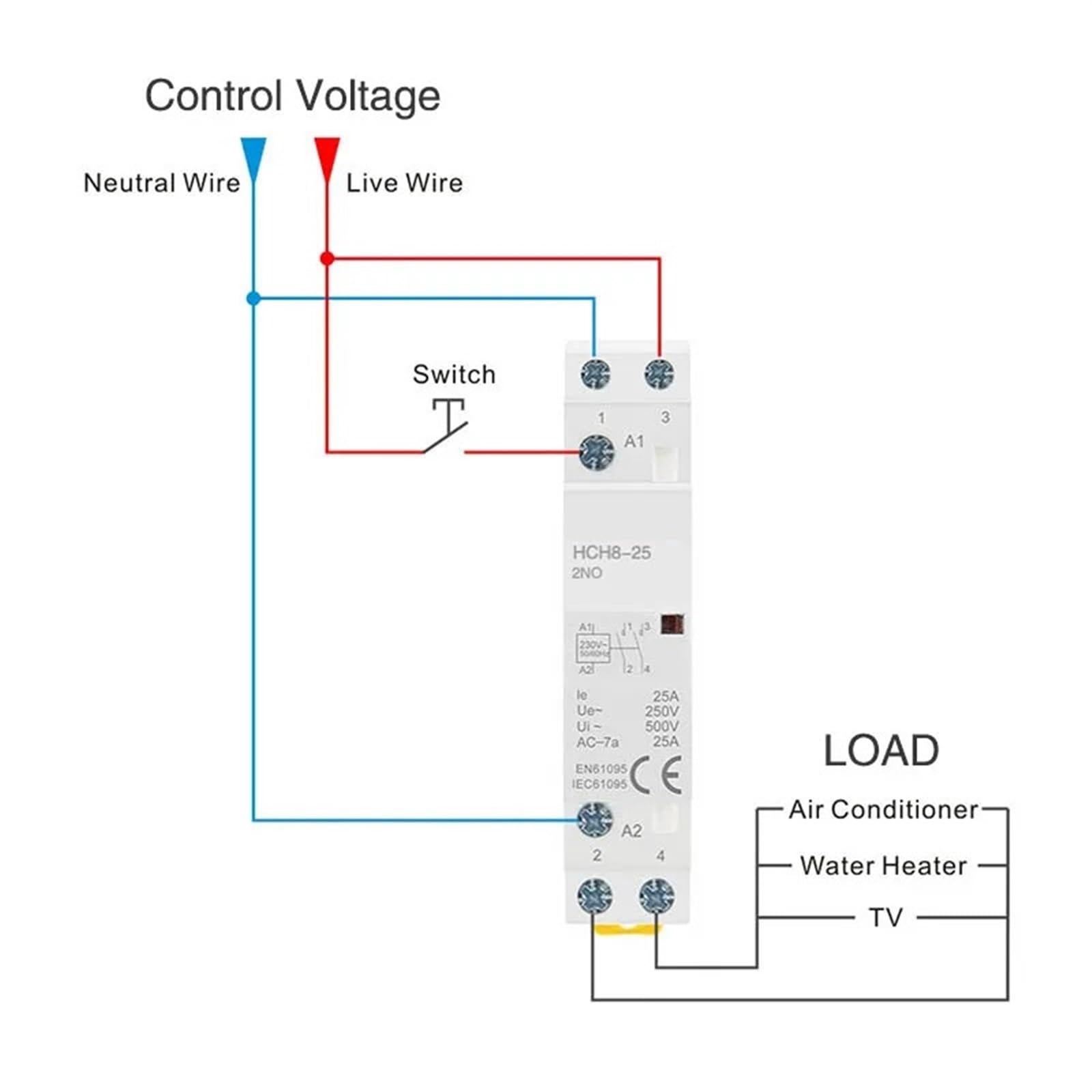 Contactor Modular HCH8-25, 4 Polos, 16 A, 20 A, 25 A, NA, NC o 2, 24 V, 110, 220, contactor automático doméstico, Tipo riel DIN, 1 Unidad(4P 25A 4NC AC230V)