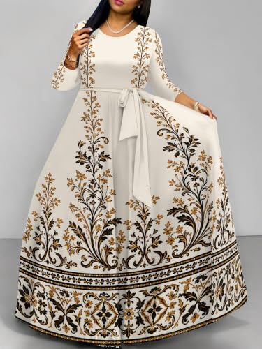 Image of Women Plus Size Long Sleeve V Neck Maxi Dress with Belt | Soft fabric relaxed fit three quarter sleeve v neck with pockets for party and daily wear