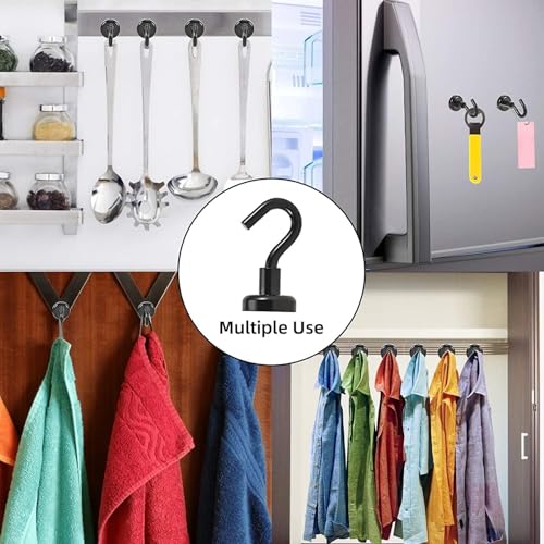 10 Stück Magnethaken Extra Stark, Schwarz Neodym Magnethaken, Super Starke Magnete mit Haken, Magnetischer Haken für Küche Badezimmer Schlafzimmer Garage Schließfächer Schlüsselhalter