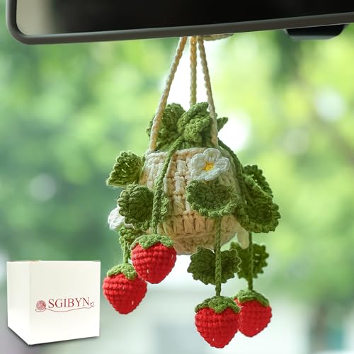 SGIBYN Crochet Hanging Plant for Car Car Decorations Interior Plant Strawberry Aesthetic Car Accessories for Women Interior Cute Car Ornaments Charms for Rear View Mirror Boho Car Decoration