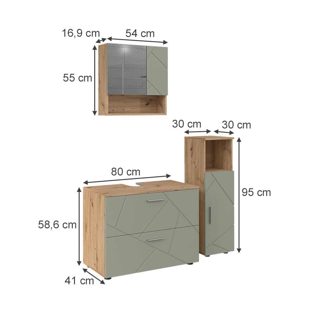 Vicco Set di mobili da bagno Irma, Verde salvia, 80 cm, composto da mobile sottolavabo, specchiera e mobile medio