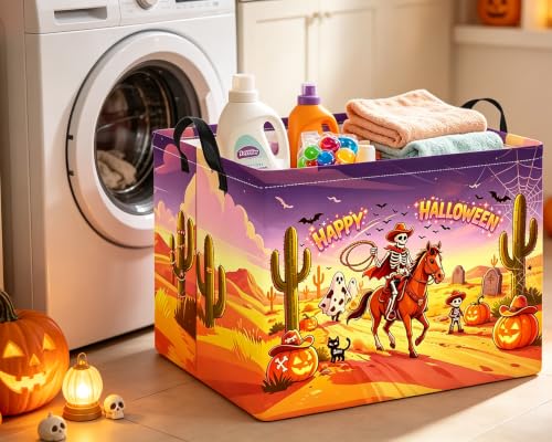 Image of Rectangle Storage Basket with Handles,Collapsible Storage Bin,Books Box,Gift Basket(Cowboy Halloween)